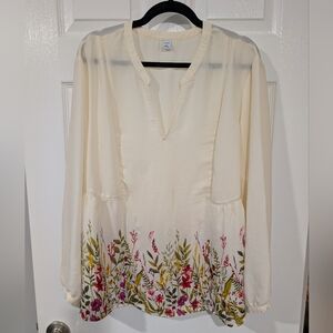 Old Navy Cream Floral Long Sleeve Swing Blouse in Size XXL